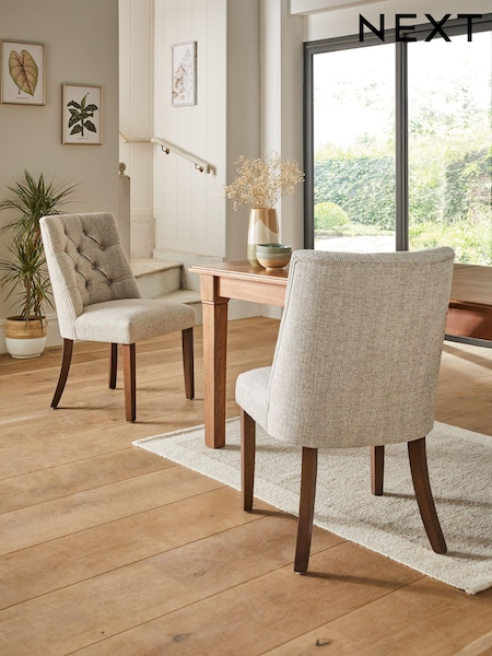 Set of 2 Chunky Weave Mid Natural Wolton Walnut Effect Leg Collection Luxe Button Dining Chairs (D78340) | €455