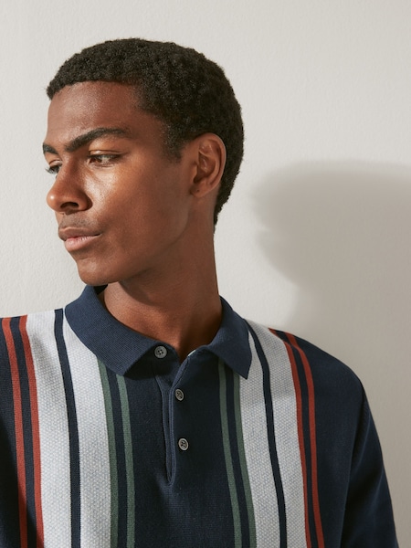 Navy Blue Regular Vertical Stripe Long Sleeve Polo Shirt (D78373) | AED71