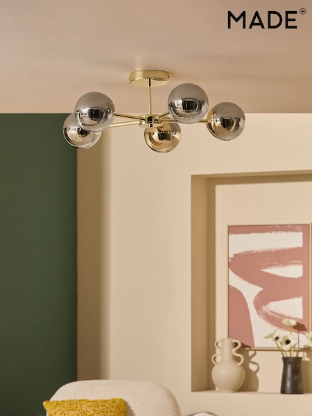MADE.COM Brass/Smoked Glass Globe 5 Light Flush Ceiling Light (D78397) | €189
