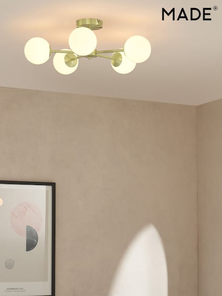 MADE.COM Brass/Opal Globe 5 Light Flush Ceiling Light (D78399) | €189