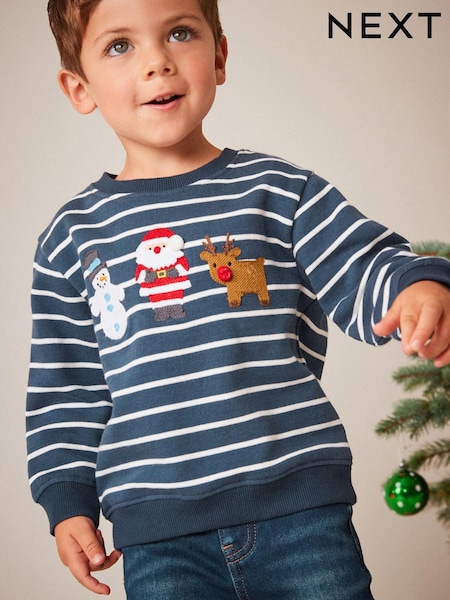 Navy Blue Stripe Christmas Appliqué Crew Neck Sweatshirt (3mths-7yrs) (D78853) | €7.50 - €8.50