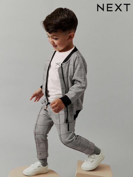 Grey Black 100% Cotton Jersey Check Bomber and Joggers Set 3 Piece (3mths-7yrs) (D78925) | €27 - €31