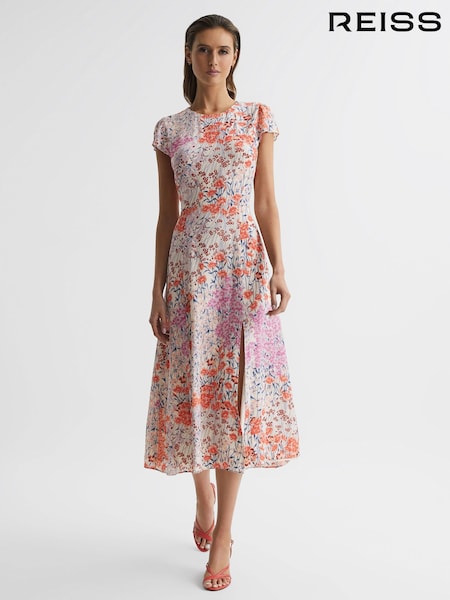 Reiss Coral/White Luna Floral Print Cap Sleeve Dress (D79052) | €84