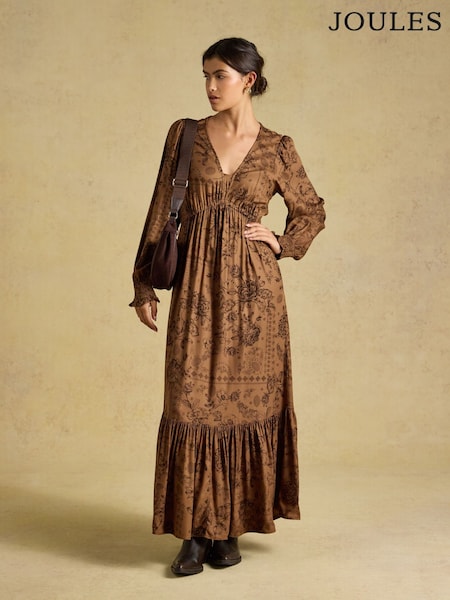 Tan Brown Floral - Joules Etta V Neck Dress