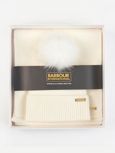 Barbour® International White Mallory Pom Knit Beanie Hat And Scarf Gift Set (D79661) | €38