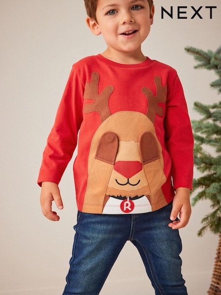 Red Reindeer Long Sleeve Christmas T-Shirt (3mths-7yrs) (D79725) | €4 - €5