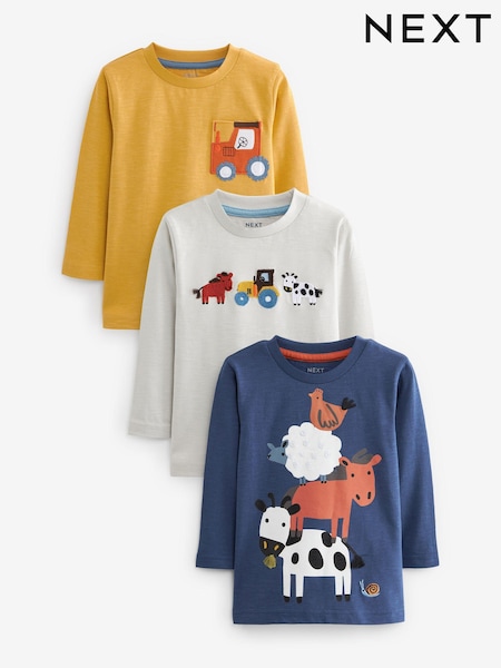 Modra/oker rumena z živalmi s kmetije - Long Sleeve Character T-Shirts 3 Pack (3mths-7yrs) (D79990) | € 18 - € 22