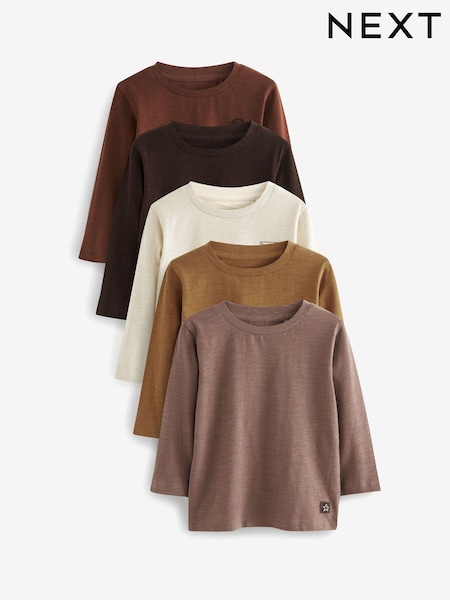 Brown/Cream - Plain Long Sleeve T-Shirts 5 Pack (3mths-7yrs) (D79993) | € 16 - € 19