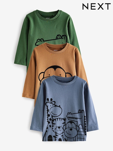 Zelena/modra/rumena z linearnim živalskim motivom - Long Sleeve Character 100% Cotton T-Shirts 3 Pack (3mths-7yrs) (D79994) | € 15 - € 19