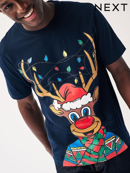 Navy Blue Reindeer Print Christmas T-Shirt (D80305) | €9