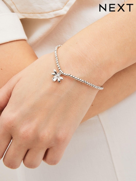 Silver Tone Bee Charm Beady Stretch Bracelet (D80535) | AED21