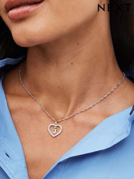 Silver Tone Sparkle Heart Initial Necklace (D80552) | €6.50