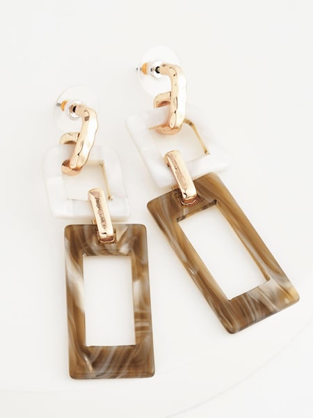 Brown/Cream Rectangular Resin Drop Statement Earrings (D80598) | €6.50