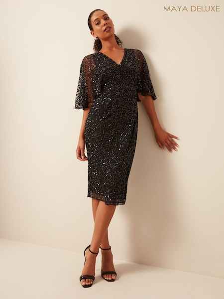 Maya Black Fully Embellished Faux Wrap Midi Dress (D80720) | €62