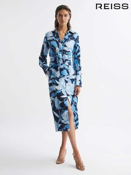 Reiss Navy/Blue Jackson Floral Print High Rise Midi Skirt (D80814) | €155