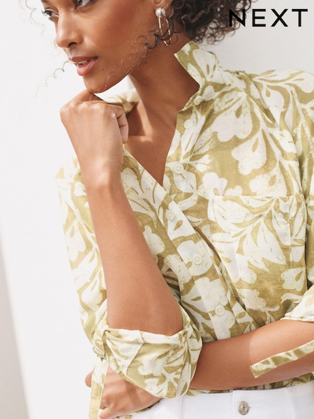 Green Palm Print Casual D-Ring Detail Utility Shirt (D81069) | €6
