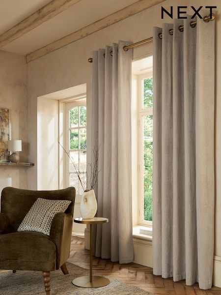 Natural Matte Chenille Lined Eyelet Curtains (D81295) | R$ 685 - R$ 1,570
