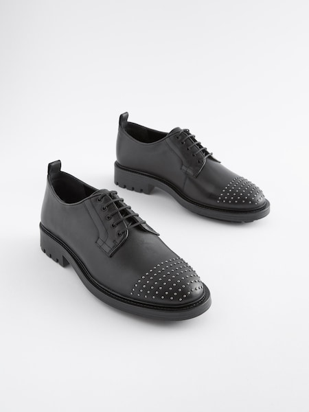 črna - Forever Comfort® Leather Studded Toe Lace-Up Shoes (D81477) | € 27