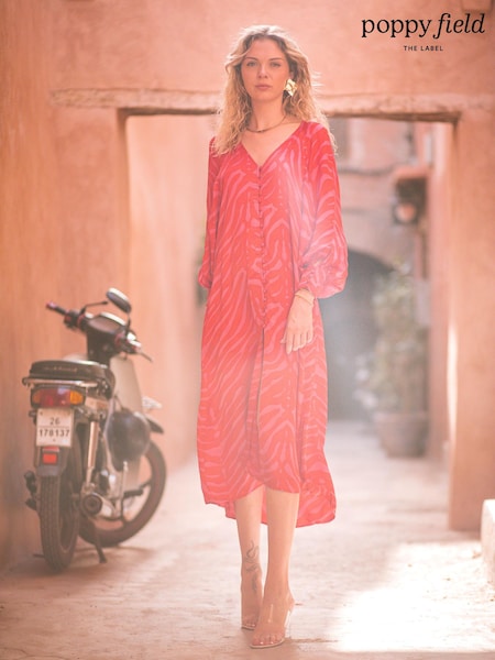 Poppy Field Red Clavel Satin Print Midi Dress (D81748) | €92