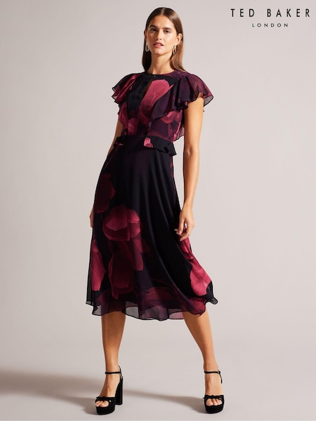 Ted Baker Bjorkaa Angel Sleeve Black Midi Dress with Peplum Waist (D82105) | €121
