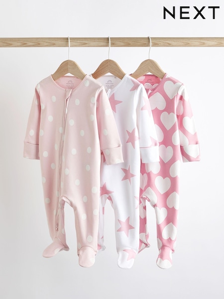 Pink/White Two Way Zip 100% Cotton Baby Sleepsuits 3 Pack (0-3yrs) (D82362) | € 16 - € 18