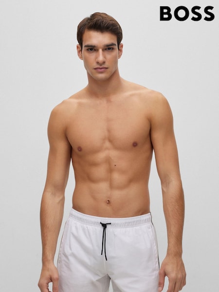 BOSS White Recycled Material Swim Shorts with Logo and Signature Stripe (D82500) | €31
