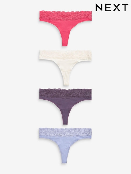 Pink/Purple/Cream Thong Cotton and Lace Knickers 4 Pack (D82855) | €14