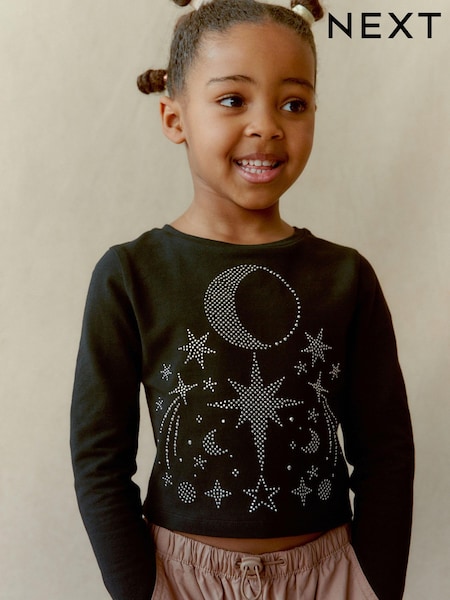 črna - Celestial Rhinestone Long Sleeve Boxy T-Shirt (3-16yrs) (D82861) | € 9 - € 13