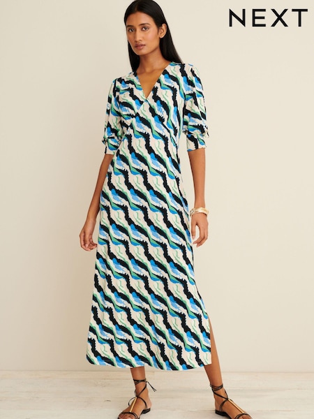 Blue Print Short Sleeve V-Neck Midi Day Dress (D82876) | €11