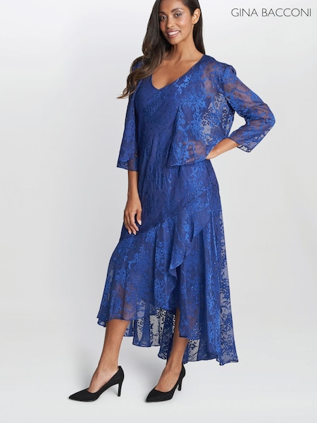Gina Bacconi Blue Barbara Midi Dress With Cascade Jacket (D83029) | €116