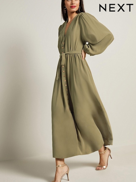 Green Button Down Long Sleeve Midi Dress (D83298) | €16