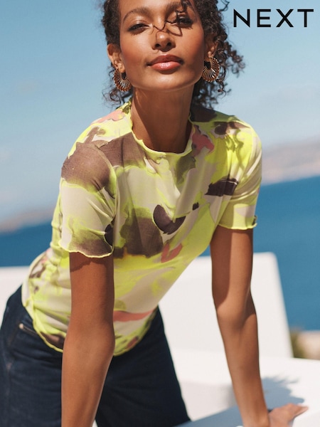 Gelb, Smudge-Print - Lettuce Edge Mesh Short Sleeve T-Shirt (D83494) | 5 €