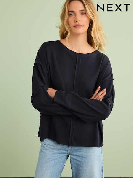 Navy Blue Seam Detail Waffle 100% Cotton Top (D83545) | AED58
