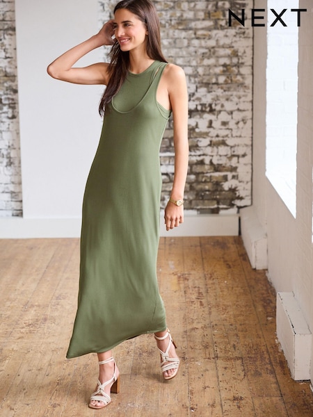 Khaki Green Double Layered Racer Vest Ribbed Midi Dress (D83585) | €24