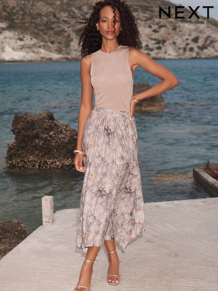 Snake Print Asymmetric Pleated Midi Skirt (D83594) | €13