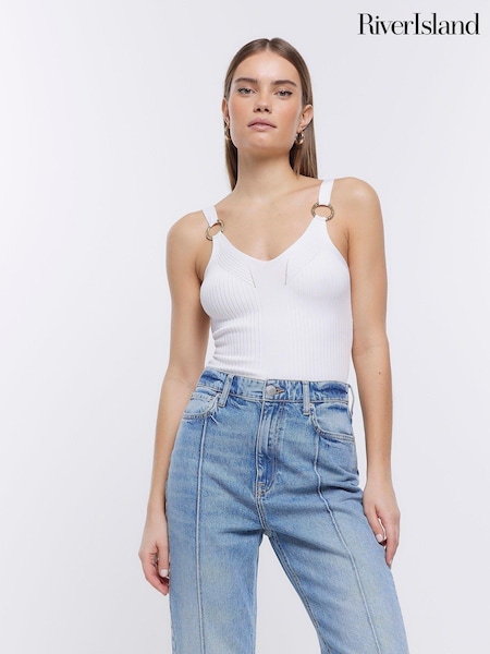Alb - Maiou striat cu striații și detalii metalice River Island Alb (D83642) | 67 LEI