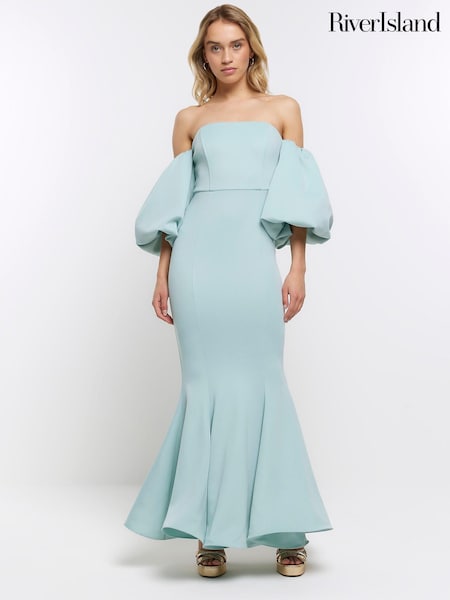 River Island Blue Bardot Puff Sleeve Maxi Dress (D83670) | €83