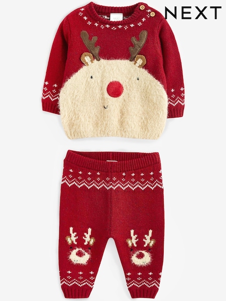 Red Reindeer Baby Knitted Jumper And Leggings Set (0mths-2yrs) (D83778) | €11.50 - €13