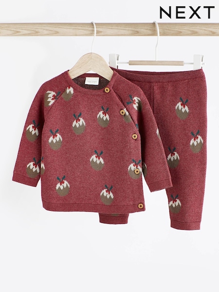 Red Christmas Pudding Baby Knitted Jumper And Leggings Set (0mths-2yrs) (D83780) | €11.50 - €13