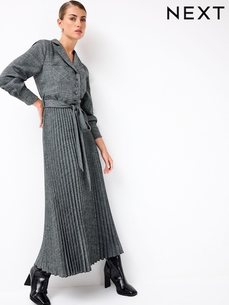 Grey Check Pleated Long Sleeve Midi Dress (D83795) | €40
