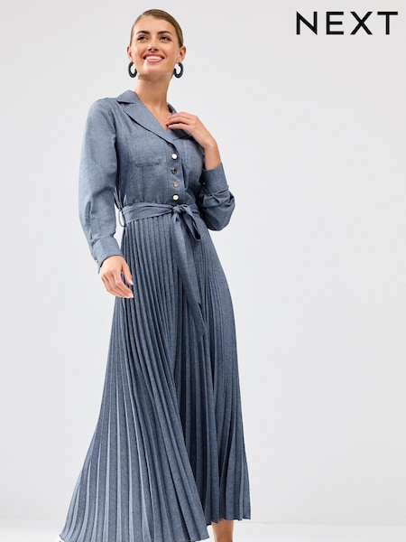Blue Pleated Long Sleeve Midi Dress (D83798) | €20