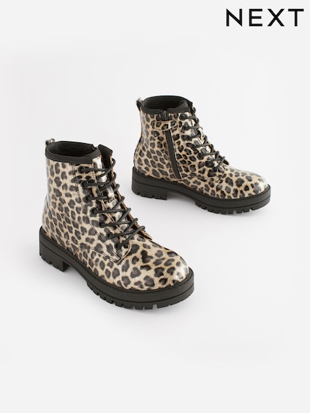 Leopard Print Standard Fit (F) Warm Lined Lace-Up Boots (D83874) | €28 - €35