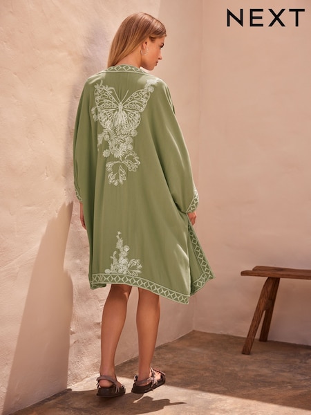 Green Butterfly Longline Embroidered Kimono Cover-Up (D83894) | €26.50