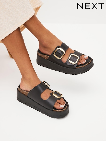 Black Forever Comfort® Leather Double Buckle Flatform Sandals (D84046) | AED103