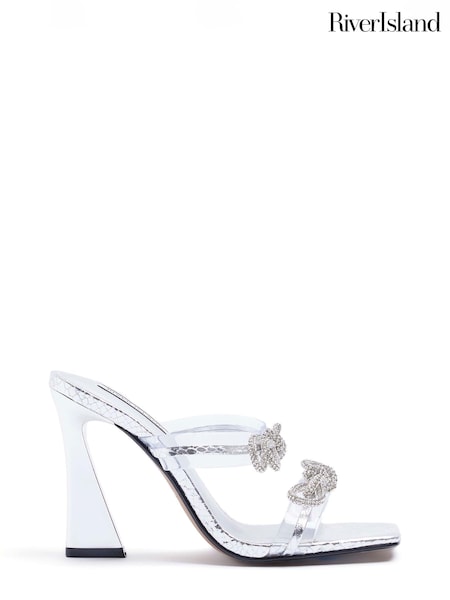 River Island Silver Double Strap Bow Perspex Mule Sandals (D84139) | €35