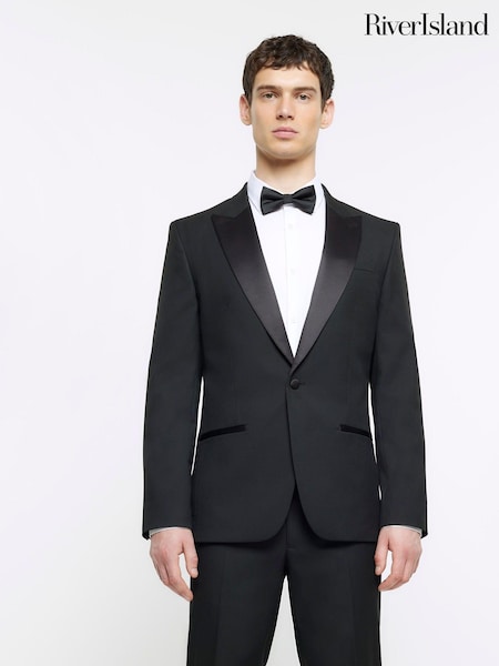 River Island Black Slim Tuxedo 100% Cotton Suit Jacket (D84485) | AED276