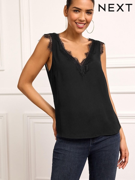 Черный - Lace Trim Sleeveles Top (D84614) | €8