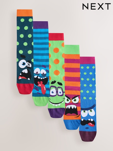 Bright Green/Blue Monster Faces - Regular Pattern Socks 5 Pack