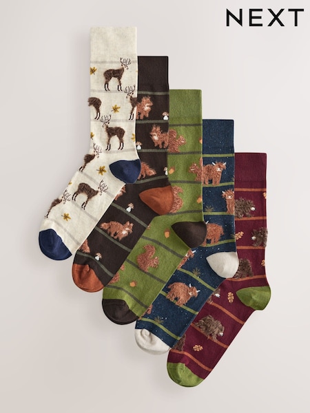 Green/ Red/ Brown Stripe Fluffy Animal - Regular Pattern Socks 5 Pack
