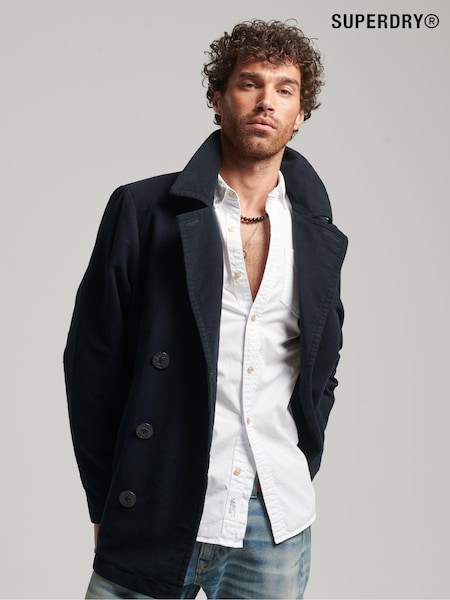 Superdry Blue 100% Cotton Merchant Moleskin Pea Coat (D84926) | 433 QAR